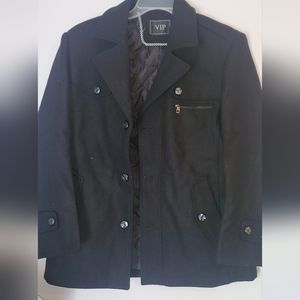 Vip black jacket size small men's peacoat dress coat button and zipper